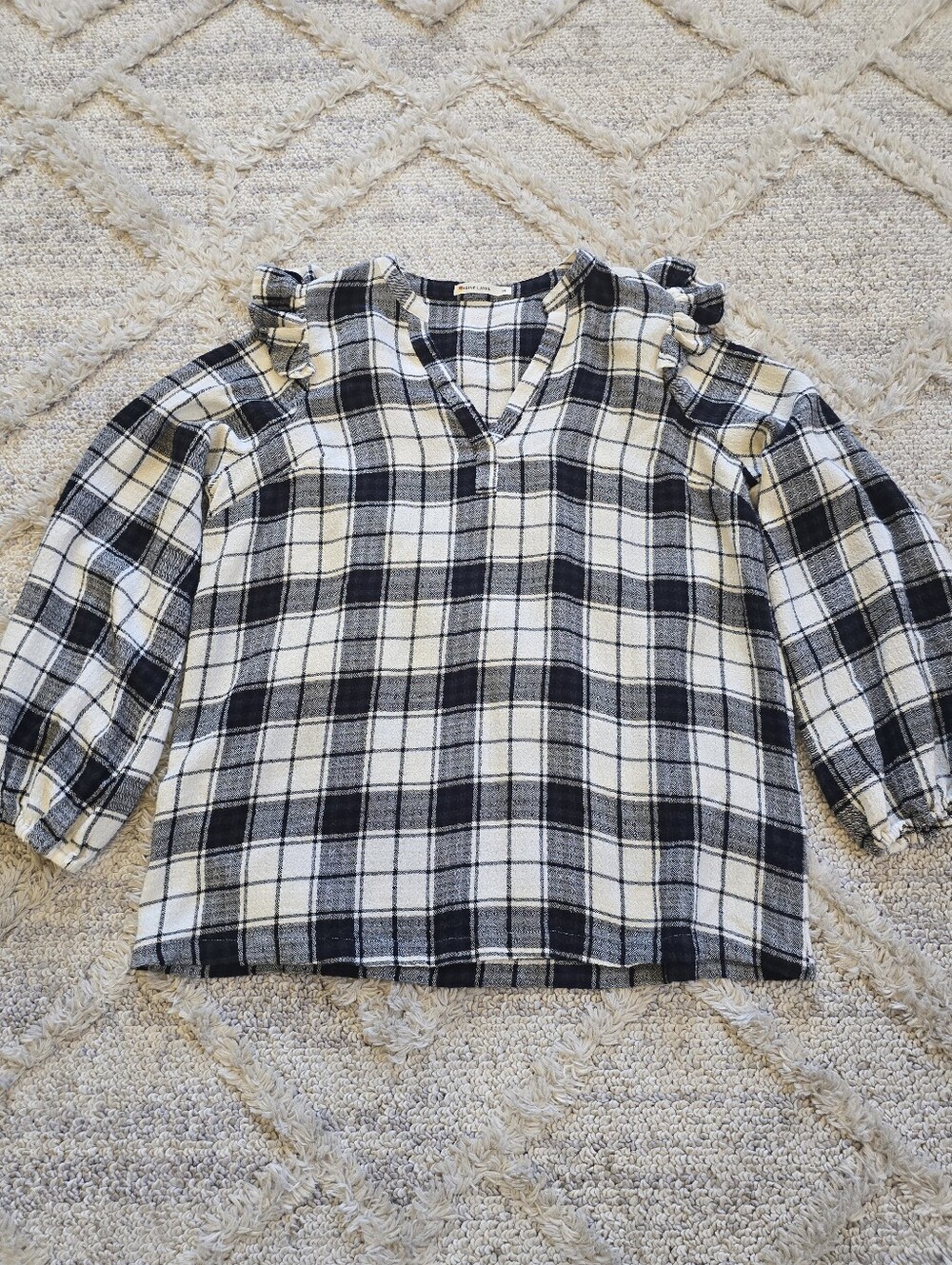 Marine Layer Jamie Ruffle Sleeve Top in Black/White Plaid Size M